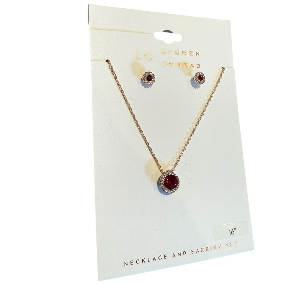NEW LAUREN CONRAD Gold and Red Ruby Jewelry Necklace and Earring Set